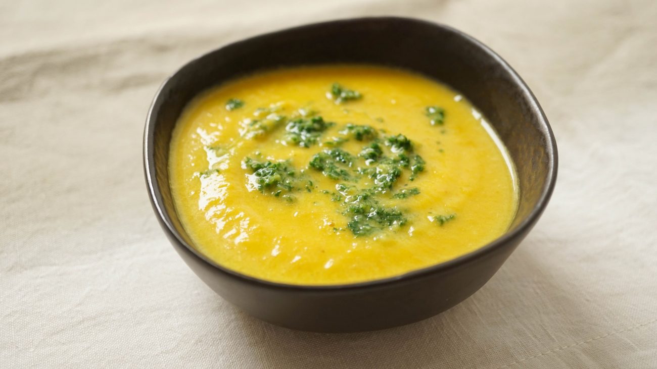 Baby Carrot Soup with Carrot-Top Pesto