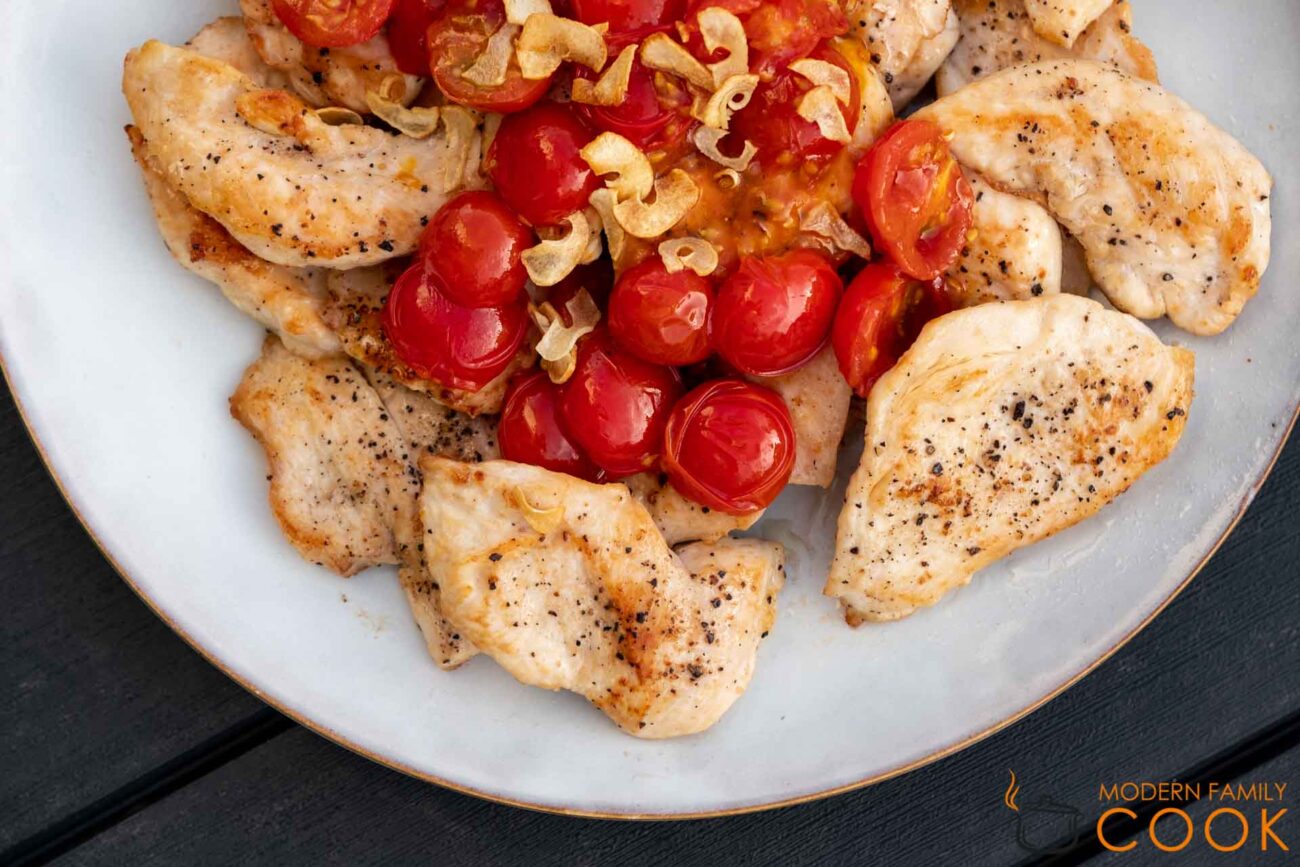 Chicken Breast with Cherry Tomato Compote and Garlic Chips