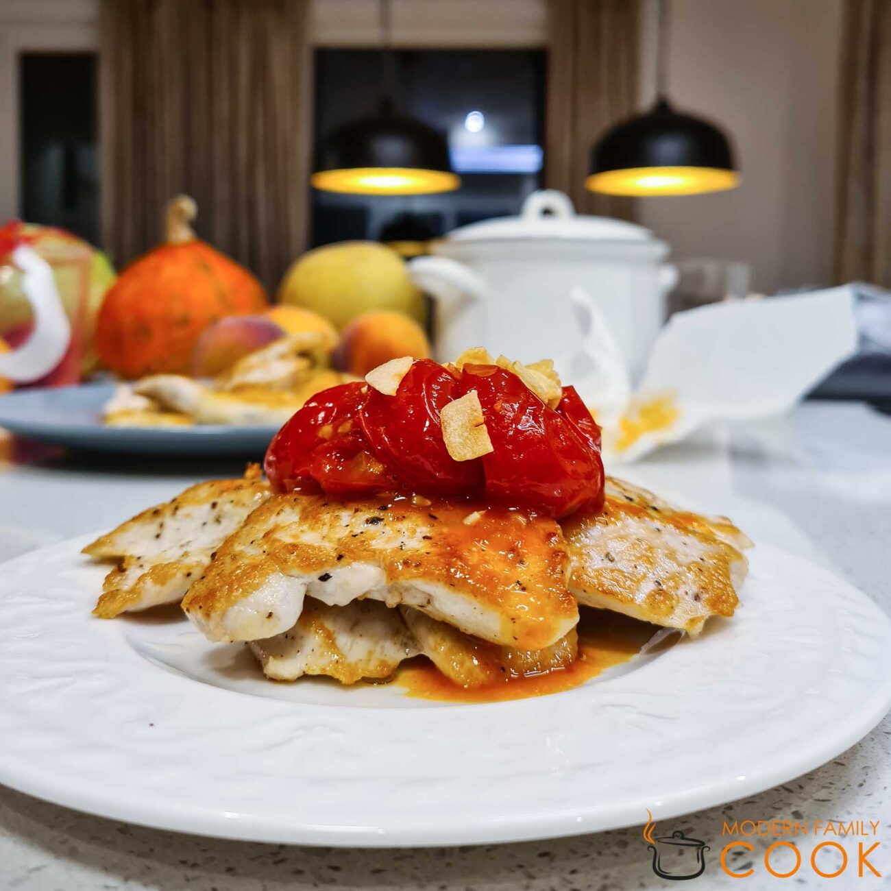 Chicken Breast with Cherry Tomato Compote and Garlic Chips